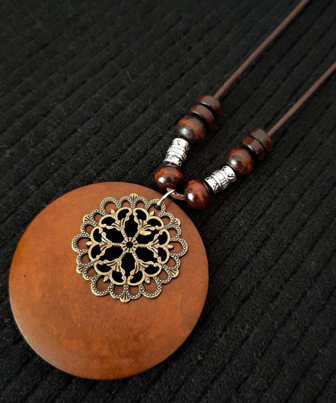 Vintage Brown Hollow Out Floral Leather Ltrap Alloy Wooden Pendant Necklace