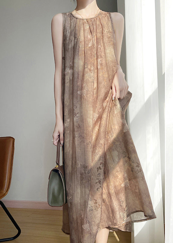 Vintage Brown O Neck Print Cotton Long Dress Sleeveless