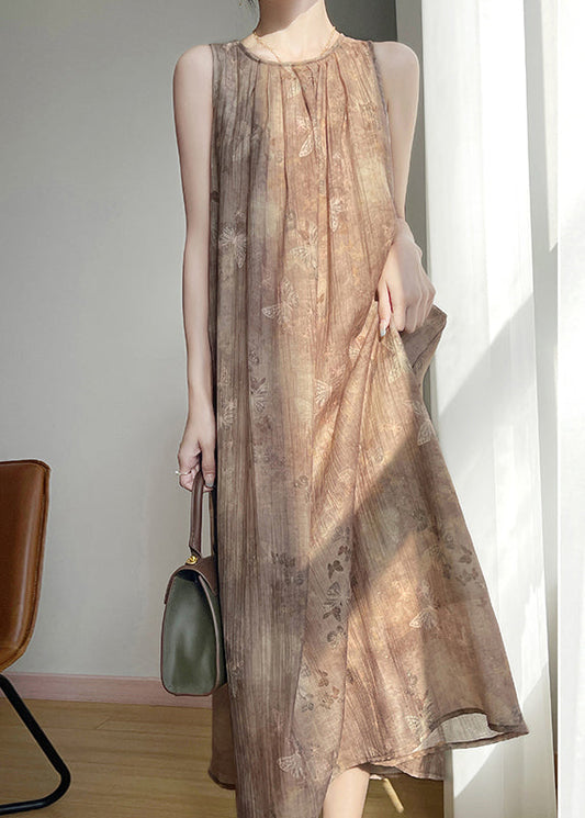 Vintage Brown O Neck Print Cotton Long Dress Sleeveless