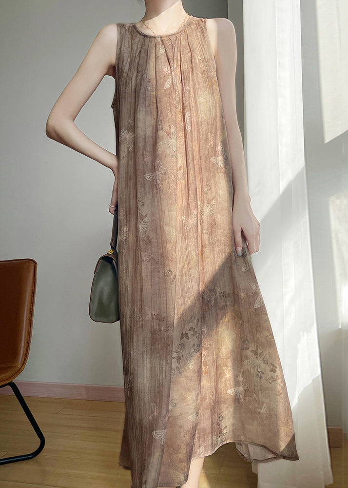 Vintage Brown O Neck Print Cotton Long Dress Sleeveless