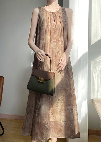 Vintage Brown O Neck Print Cotton Long Dress Sleeveless