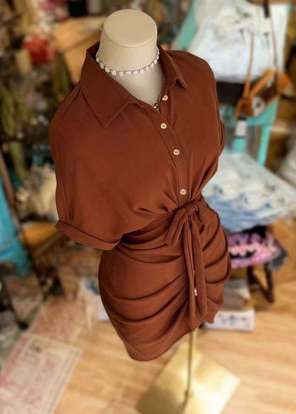 Vintage Brown Peter Pan Collar Wrinkled Tie Waist Cotton Dress Summer