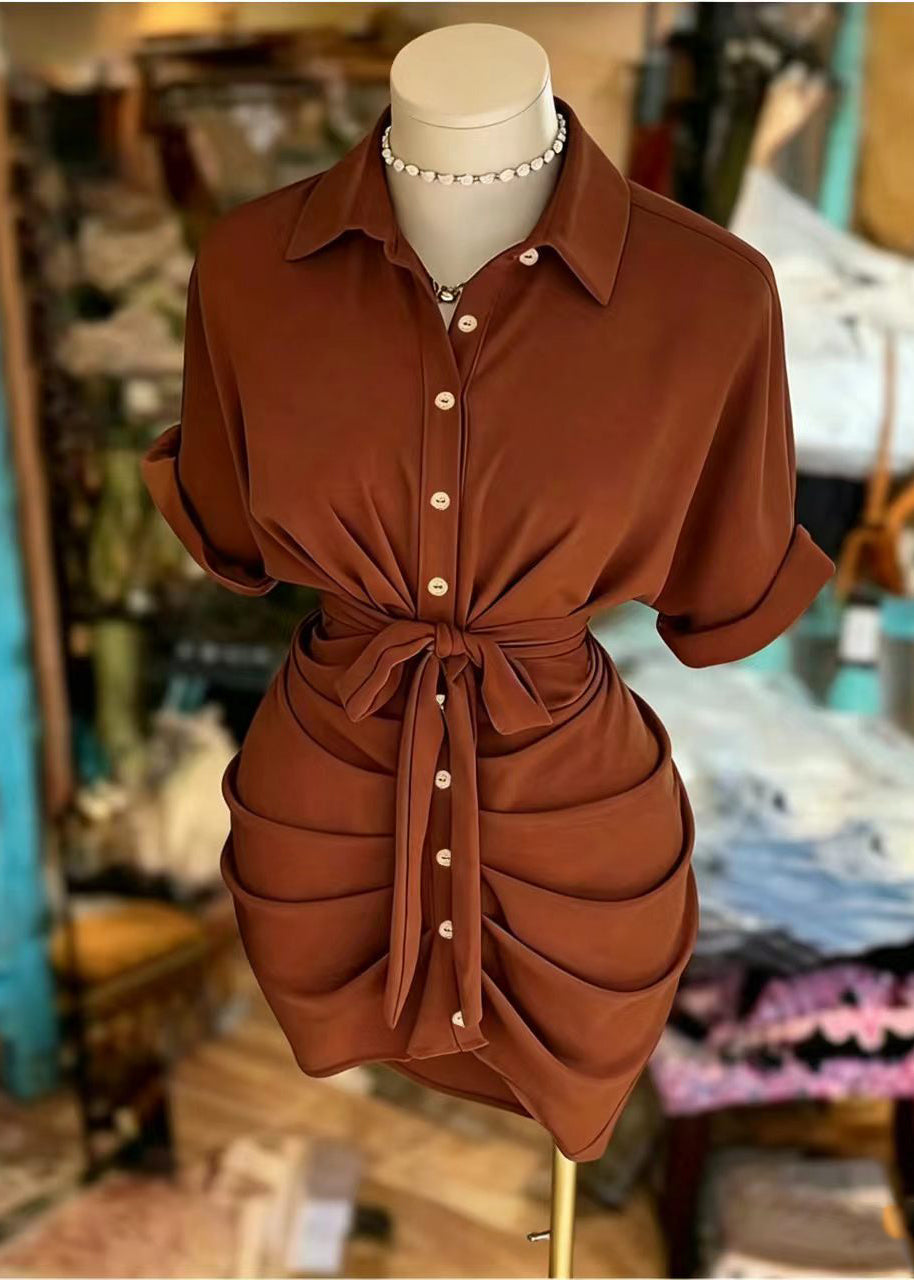 Vintage Brown Peter Pan Collar Wrinkled Tie Waist Cotton Dress Summer