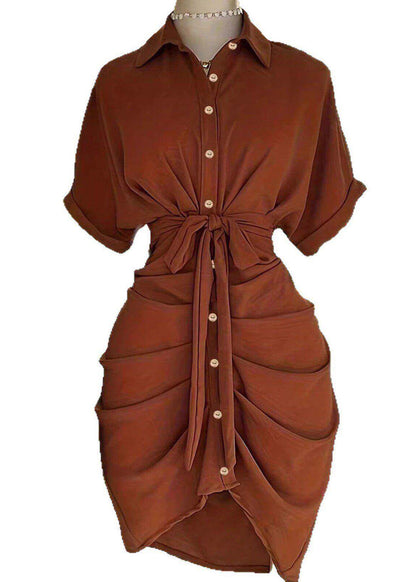 Vintage Brown Peter Pan Collar Wrinkled Tie Waist Cotton Dress Summer