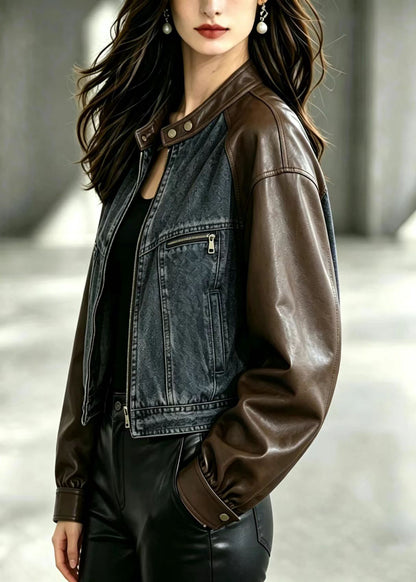 Vintage Brown Pockets Faux Leather Patchwork Denim Jackets Fall