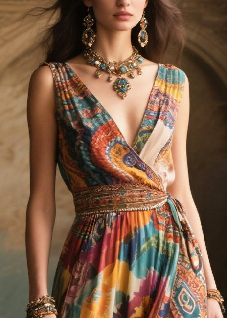 Vintage Brown Print Side Open Chiffon Cami Dresses Summer