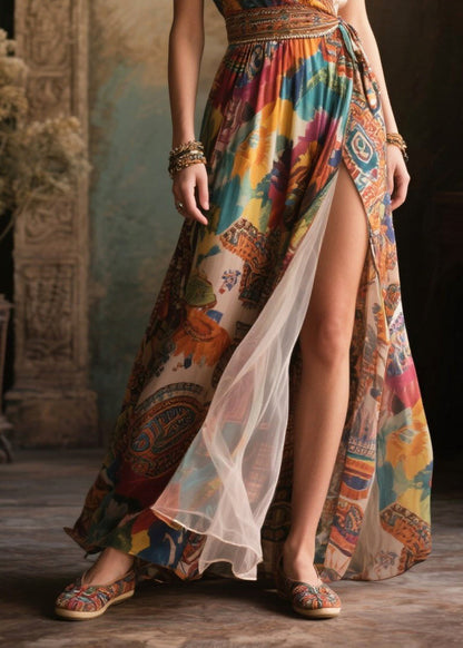 Vintage Brown Print Side Open Chiffon Cami Dresses Summer