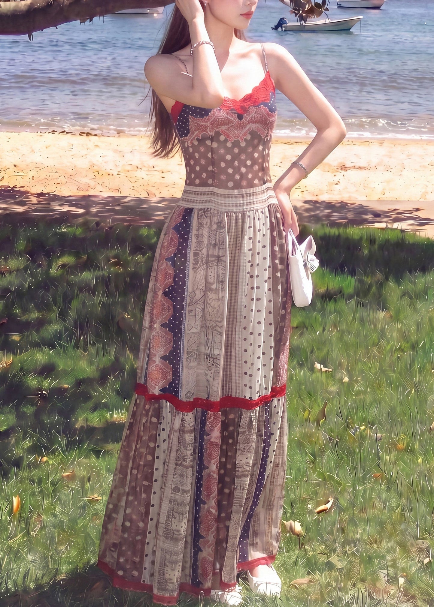 Vintage Brown Print Silm Fit Cotton Spaghetti Strap Dress Summer