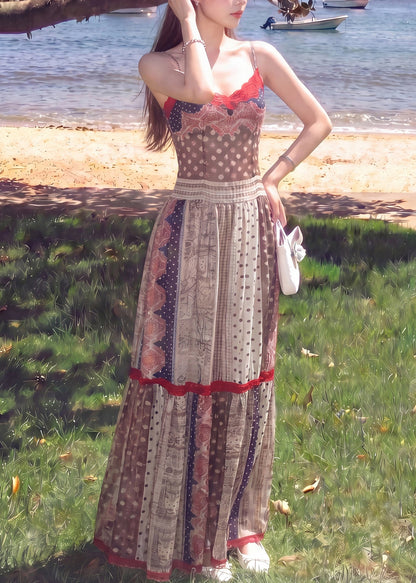 Vintage Brown Print Silm Fit Cotton Spaghetti Strap Dress Summer