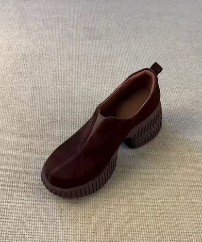 Vintage Brown Round Toe Faux Suede Chunky High Heels