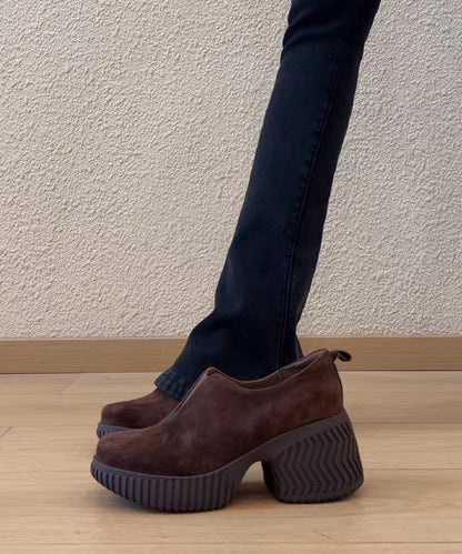Vintage Brown Round Toe Faux Suede Chunky High Heels