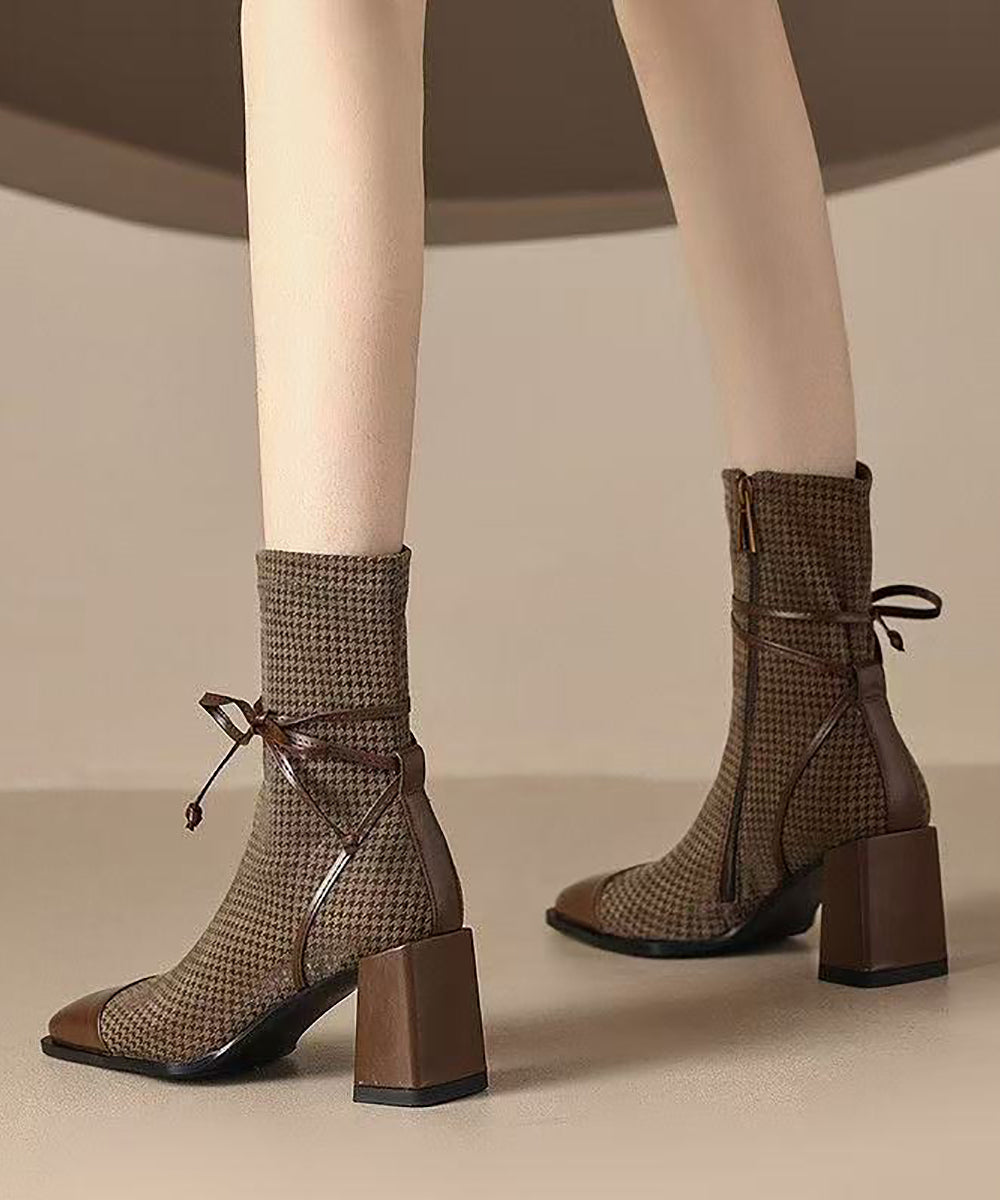 Vintage Brown Splicing Houndstooth Chunky Ankle Boots