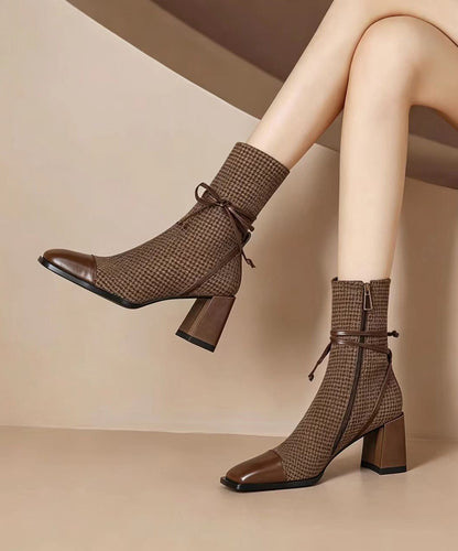 Vintage Brown Splicing Houndstooth Chunky Ankle Boots