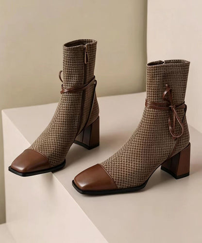 Vintage Brown Splicing Houndstooth Chunky Ankle Boots
