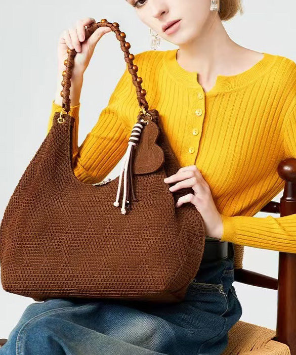 Vintage Brown Tasseled Nail Bead Cotton Shoulder Bags