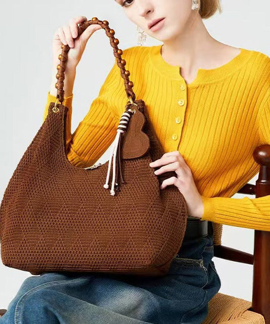 Vintage Brown Tasseled Nail Bead Cotton Shoulder Bags