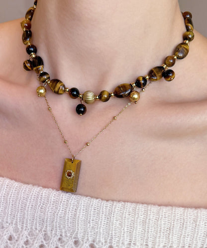 Vintage Brown Tiger's Eye Stringing Beads Layering Alloy Two Piece Set Necklace