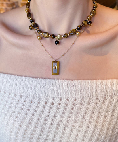 Vintage Brown Tiger's Eye Stringing Beads Layering Alloy Two Piece Set Necklace