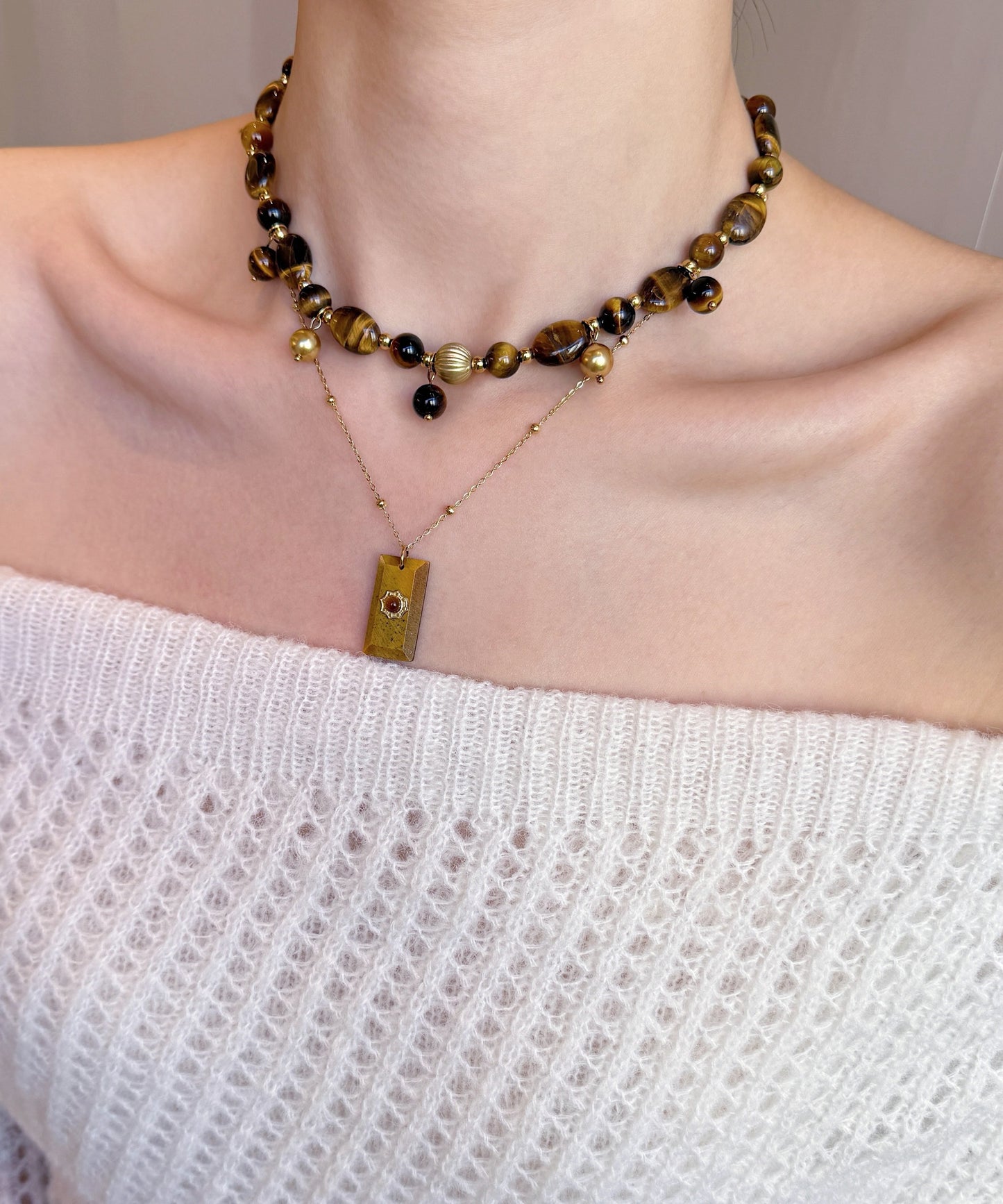 Vintage Brown Tiger's Eye Stringing Beads Layering Alloy Two Piece Set Necklace