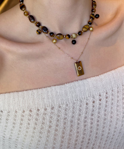 Vintage Brown Tiger's Eye Stringing Beads Layering Alloy Two Piece Set Necklace