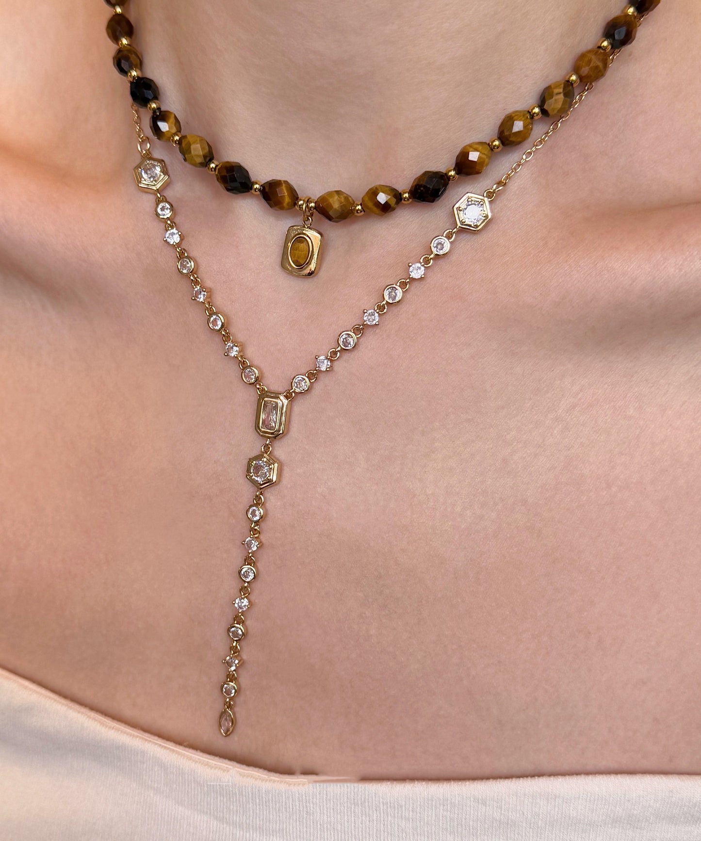 Vintage Brown Tiger's Eye Zircon Tassel Layering Titanium Steel Two Piece Set Necklace