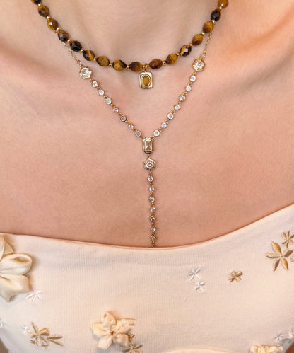 Vintage Brown Tiger's Eye Zircon Tassel Layering Titanium Steel Two Piece Set Necklace