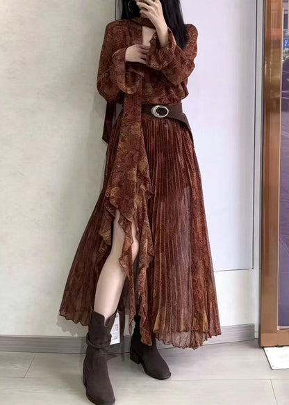 Vintage Brown V Neck Print Pleated Asymmetrical Side Open Dress Long Sleeve
