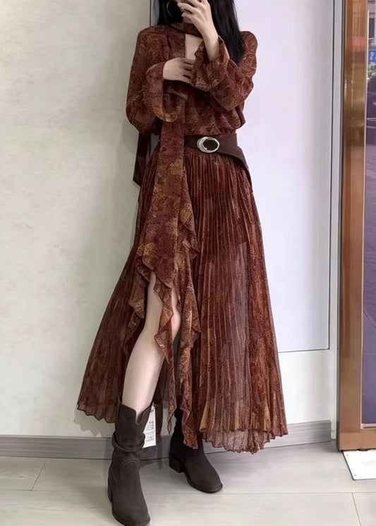 Vintage Brown V Neck Print Pleated Asymmetrical Side Open Dress Long Sleeve