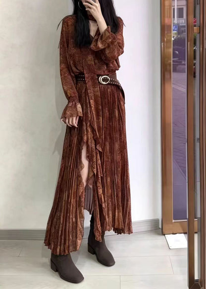 Vintage Brown V Neck Print Pleated Asymmetrical Side Open Dress Long Sleeve
