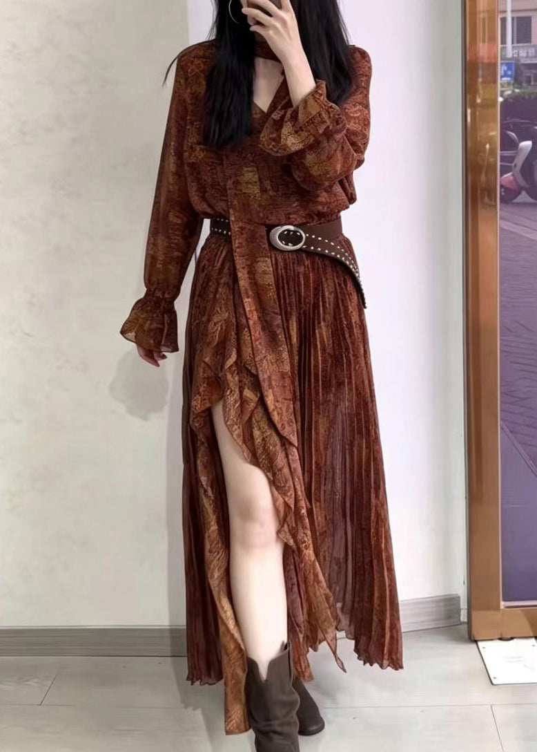 Vintage Brown V Neck Print Pleated Asymmetrical Side Open Dress Long Sleeve