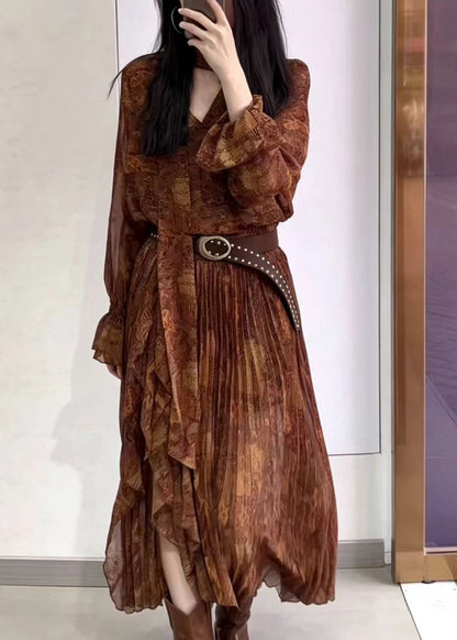 Vintage Brown V Neck Print Pleated Asymmetrical Side Open Dress Long Sleeve