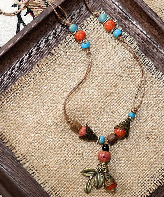 Vintage Brown Weave Ceramic Beading Pendant Necklace
