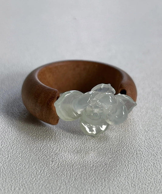 Vintage Brown Wooden Patchwork Jade Lotus Rings