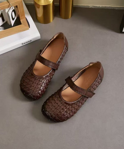 Vintage Buckle Strap Flat Shoes Brown Faux Leather