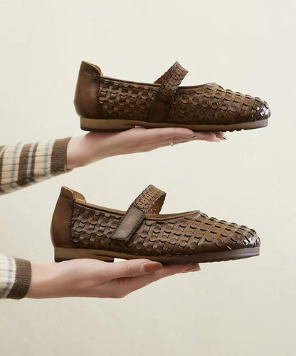 Vintage Buckle Strap Flat Shoes Brown Faux Leather