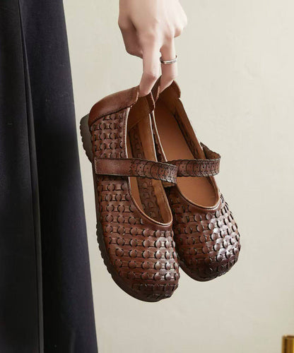 Vintage Buckle Strap Flat Shoes Brown Faux Leather