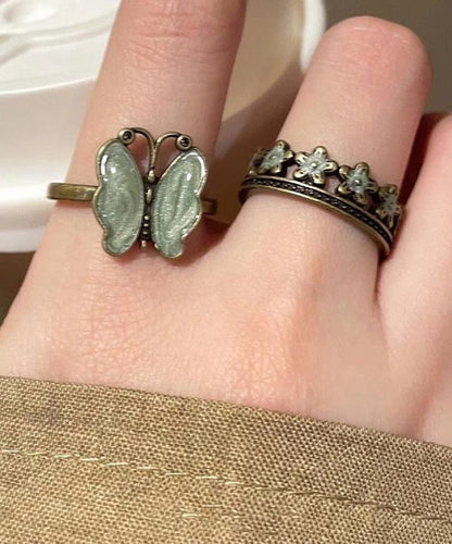 Vintage Butterfly Flower Metal Open Ring Set