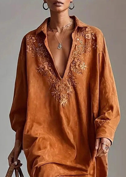 Vintage Caramel Peter Pan Collar Embroidered Faux Suede Shirts Dress Spring