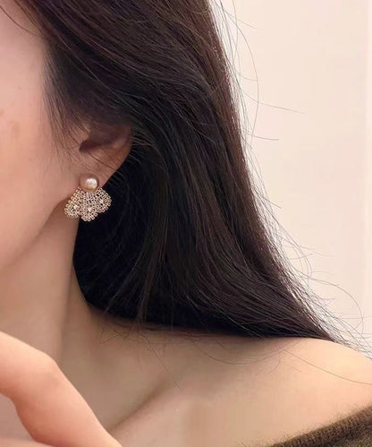 Vintage Champagne Pearl Alloy Hollow Out Lace Fan-Shaped Stud Earrings
