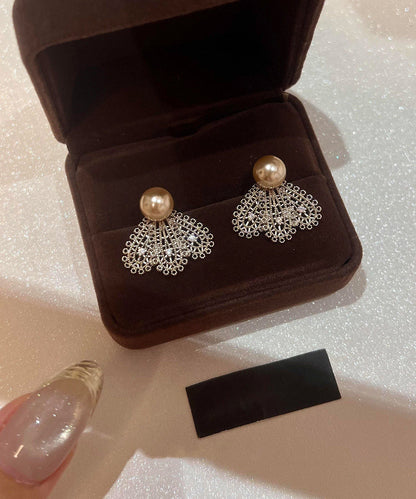 Vintage Champagne Pearl Alloy Hollow Out Lace Fan-Shaped Stud Earrings