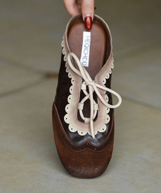 Vintage Chocolate Flat Embossed Lace Up Cowhide Leather Slippers
