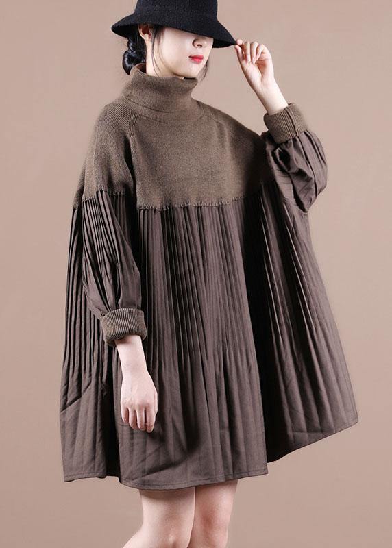 Vintage Chocolate High Neck Patchwork Fall Sweater Dress - SooLinen