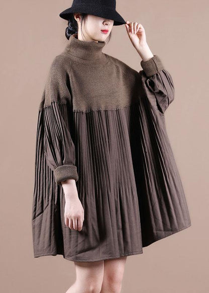 Vintage Chocolate High Neck Patchwork Fall Sweater Dress - SooLinen