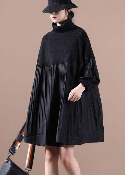 Vintage Chocolate High Neck Patchwork Fall Sweater Dress - SooLinen