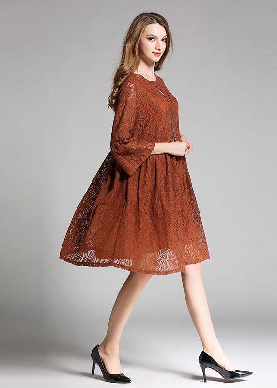 Vintage Chocolate Hollow Out Embroideried Patchwork Spring Three Quarter Sleeve Spring Dresses - SooLinen