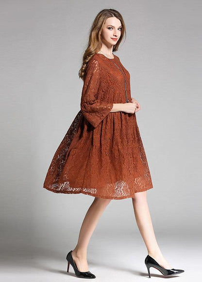 Vintage Chocolate Hollow Out Embroideried Patchwork Spring Three Quarter Sleeve Spring Dresses - SooLinen