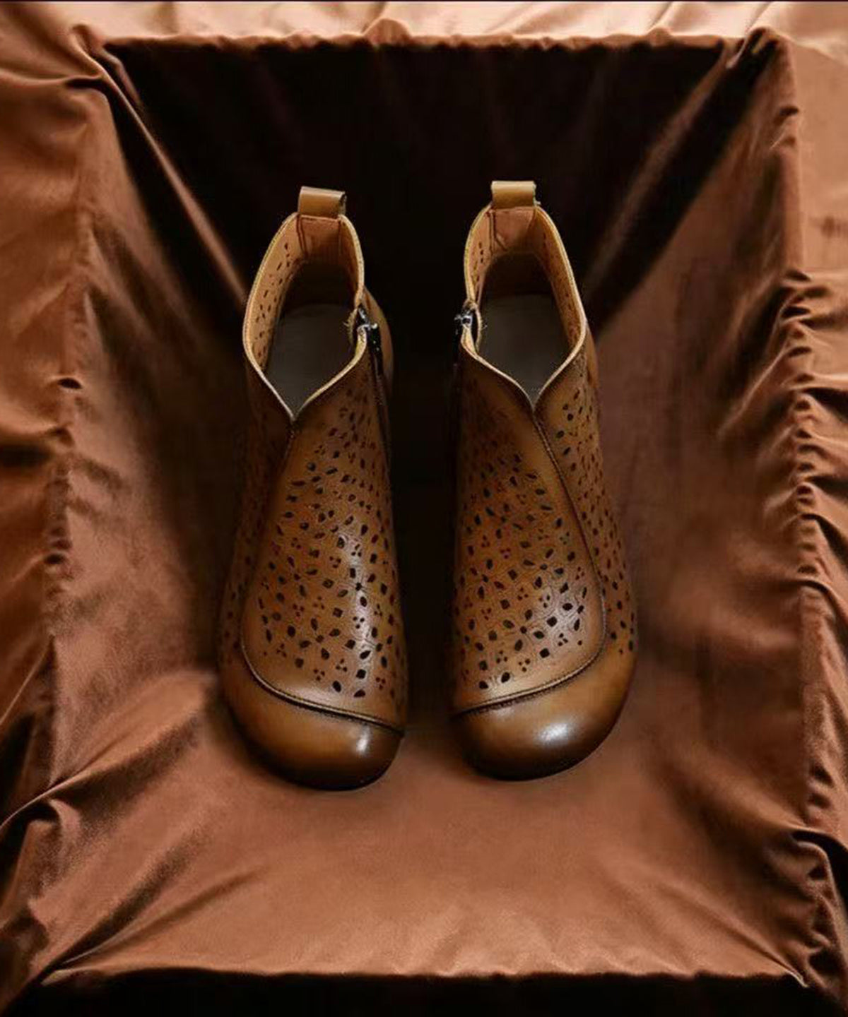 Vintage Chocolate Hollow Out Side Zipper Cowhide Leather Low Heel Ankle Boots
