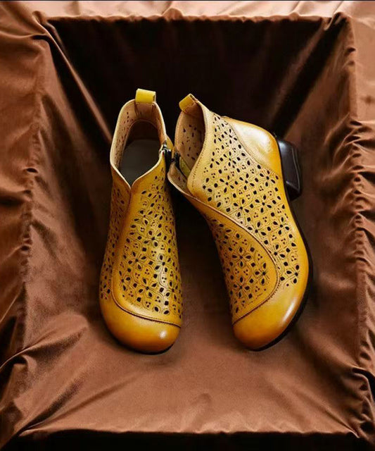 Vintage Chocolate Hollow Out Side Zipper Cowhide Leather Low Heel Ankle Boots