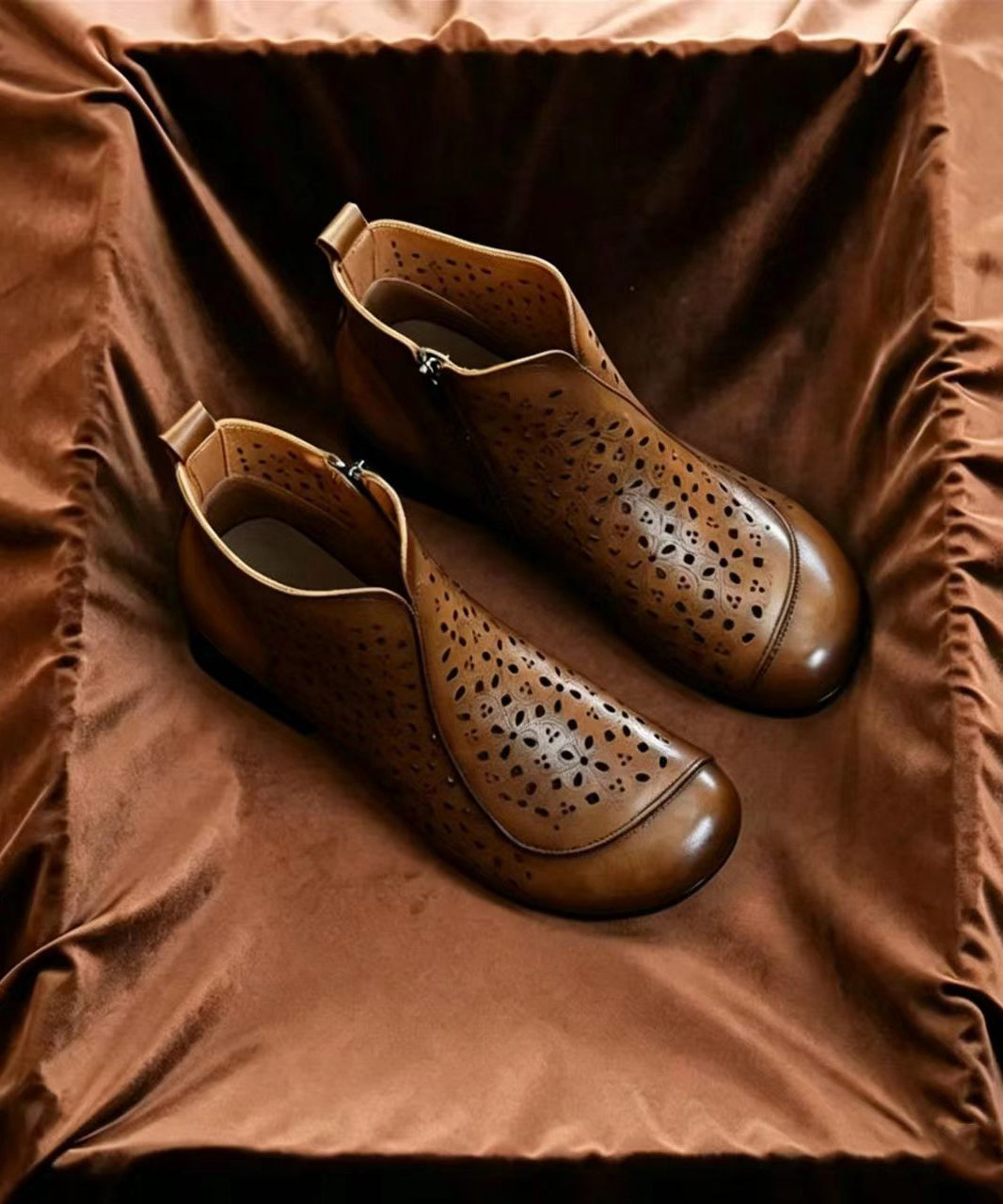 Vintage Chocolate Hollow Out Side Zipper Cowhide Leather Low Heel Ankle Boots
