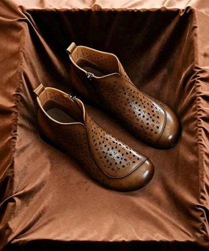 Vintage Chocolate Hollow Out Side Zipper Cowhide Leather Low Heel Ankle Boots